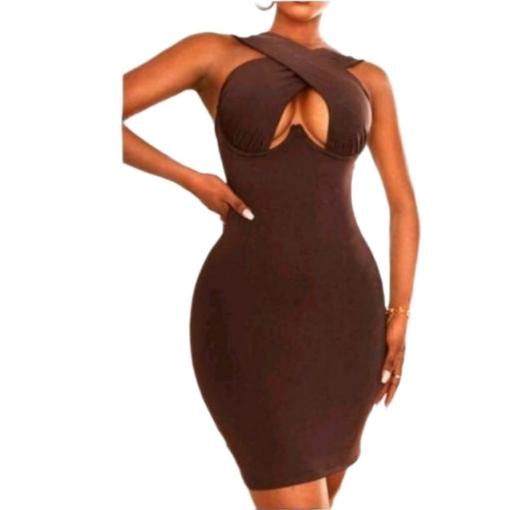 Ladies Brown Bodycon CRISCROSS DRESS SZ M